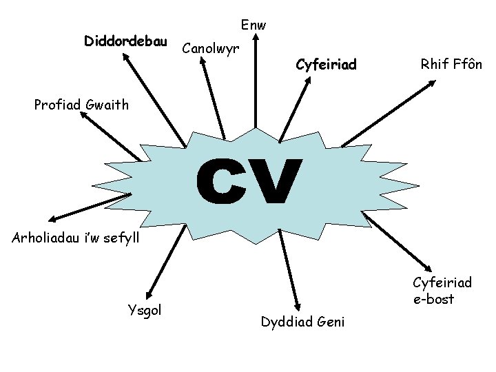Diddordebau Enw Canolwyr Cyfeiriad Rhif Ffôn Profiad Gwaith Arholiadau i’w sefyll Ysgol Cyfeiriad e-bost