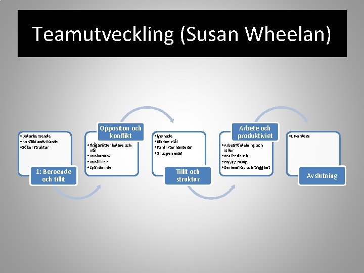 Teamutveckling (Susan Wheelan) • Ledarberoende • Konfliktundvikande • Söker struktur 1: Beroende och tillit