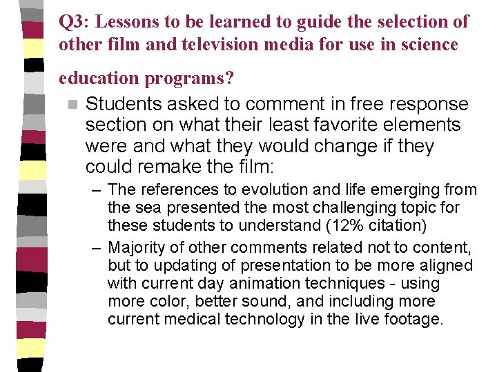 Q 3: Lessons to be learned to guide the selection of other film and
