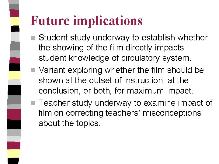 Future implications Student study underway to establish whether the showing of the film directly