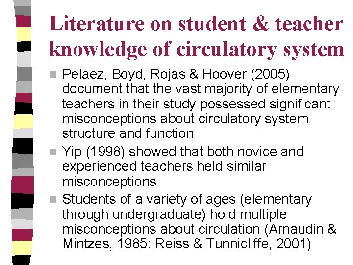 Literature on student & teacher knowledge of circulatory system Pelaez, Boyd, Rojas & Hoover