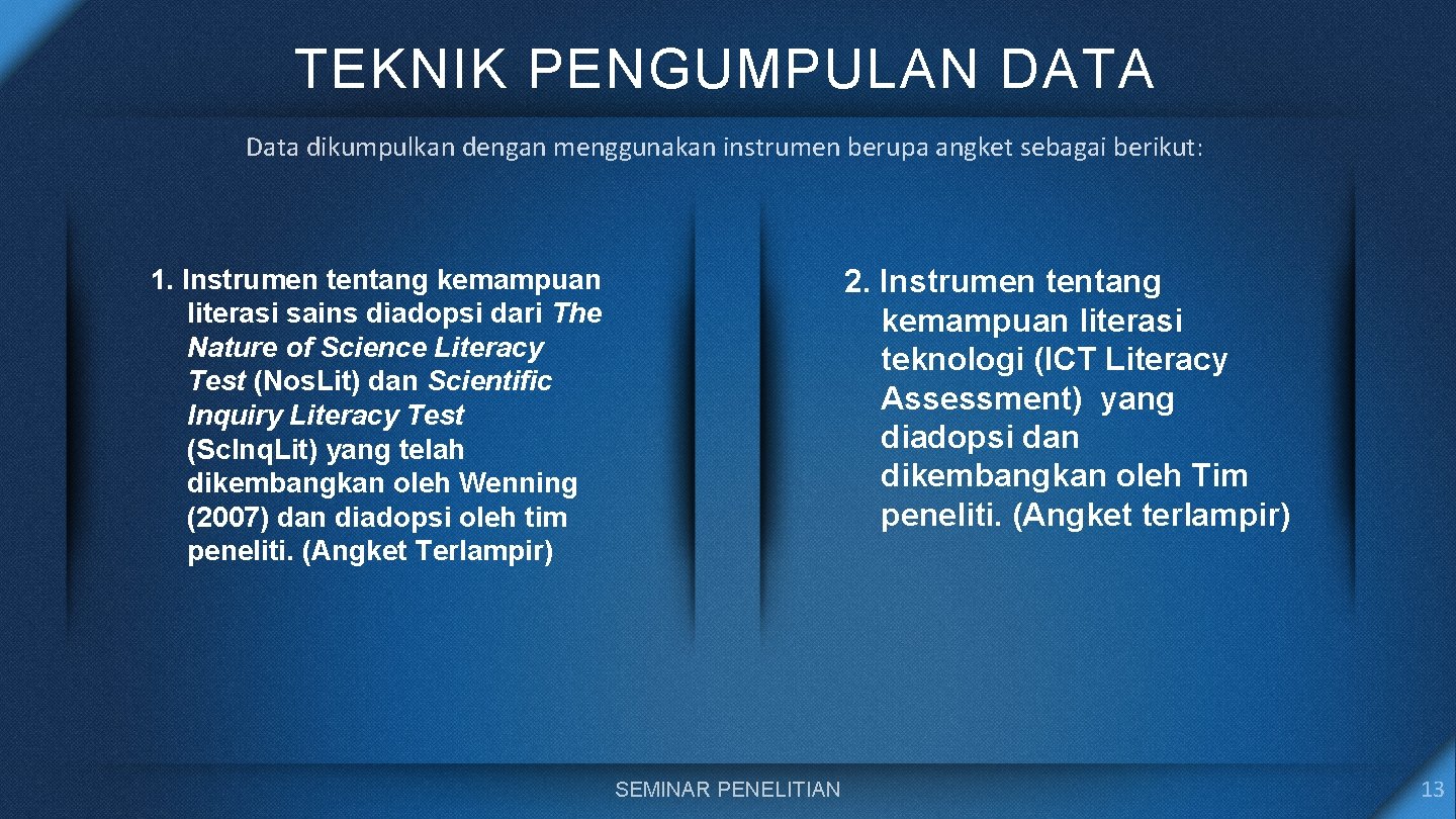 TEKNIK PENGUMPULAN DATA Data dikumpulkan dengan menggunakan instrumen berupa angket sebagai berikut: 1. Instrumen