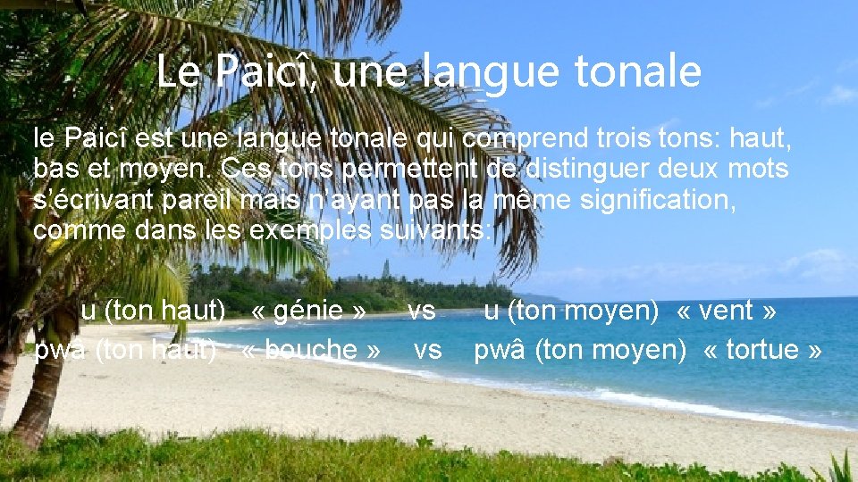 Le Paicî, une langue tonale le Paicî est une langue tonale qui comprend trois