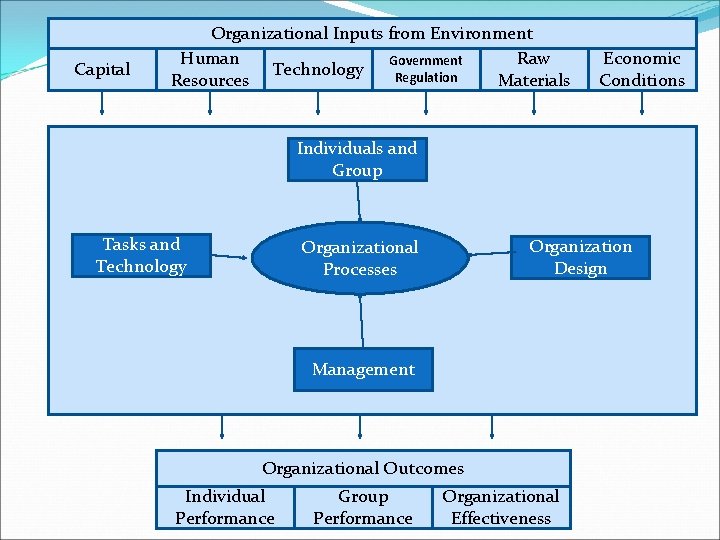 Capital Organizational Inputs from Environment Human Raw Government Technology Regulation Resources Materials Economic Conditions