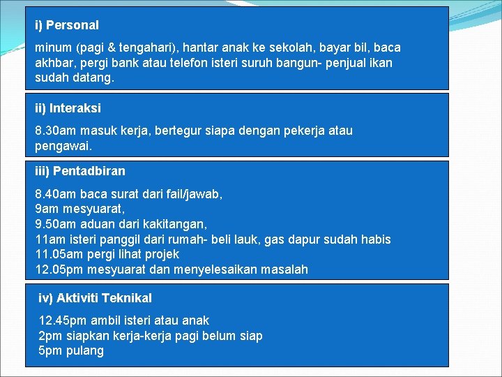 i) Personal minum (pagi & tengahari), hantar anak ke sekolah, bayar bil, baca akhbar,