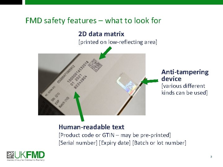 FMD safety features – what to look for 2 D data matrix [printed on