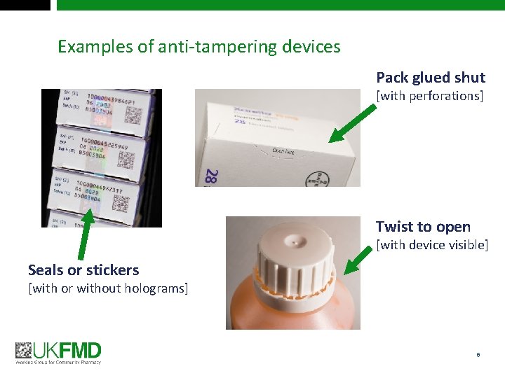 Examples of anti-tampering devices Pack glued shut [with perforations] Twist to open [with device