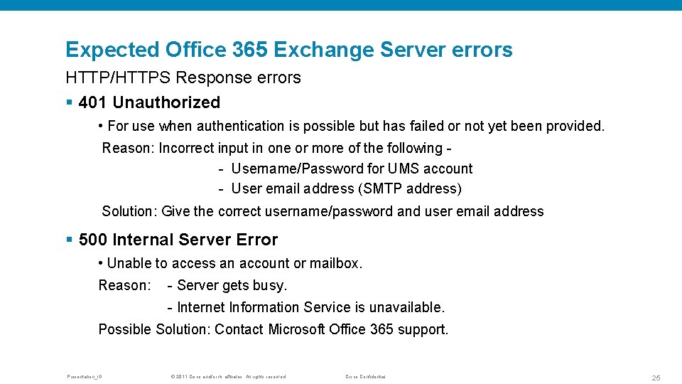 Expected Office 365 Exchange Server errors HTTP/HTTPS Response errors § 401 Unauthorized • For