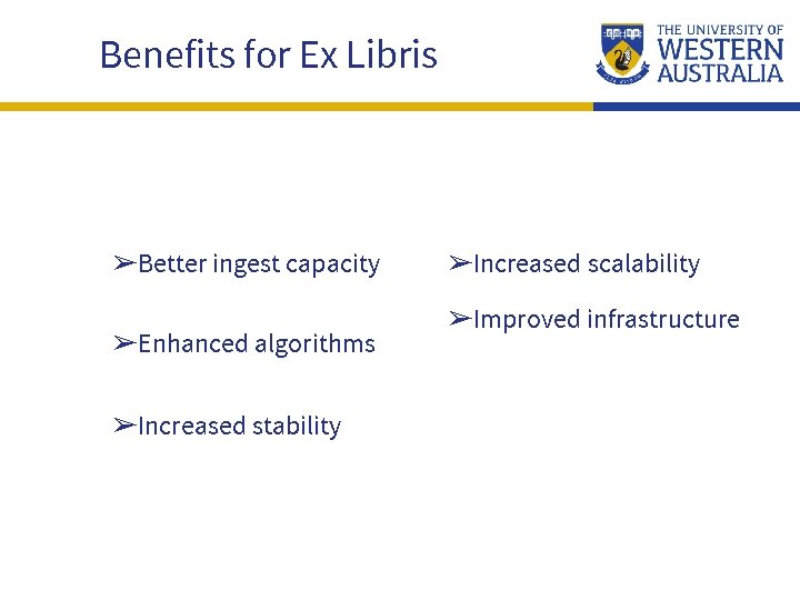 Benefits for Ex Libris ➢Better ingest capacity ➢Enhanced algorithms ➢Increased stability ➢Increased scalability ➢Improved