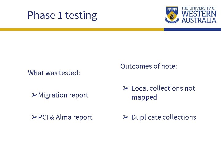 Phase 1 testing What was tested: Outcomes of note: ➢Migration report ➢ Local collections
