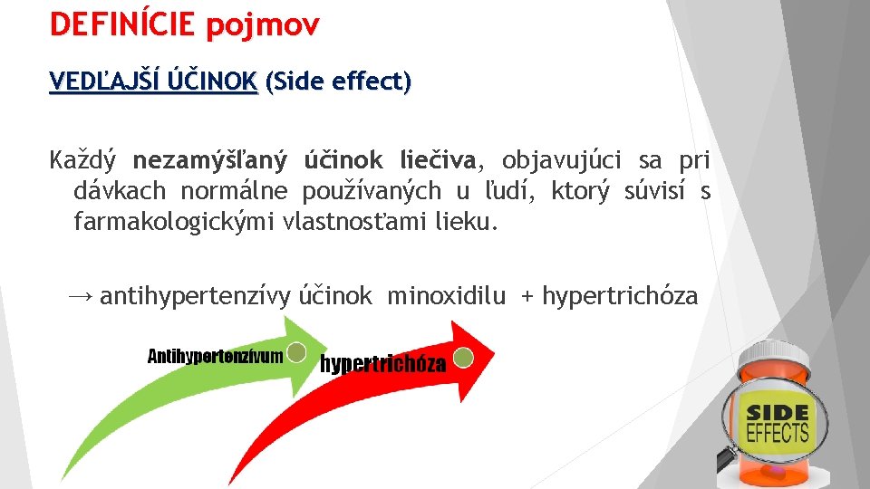 DEFINÍCIE pojmov VEDĽAJŠÍ ÚČINOK (Side effect) Každý nezamýšľaný účinok liečiva, objavujúci sa pri dávkach