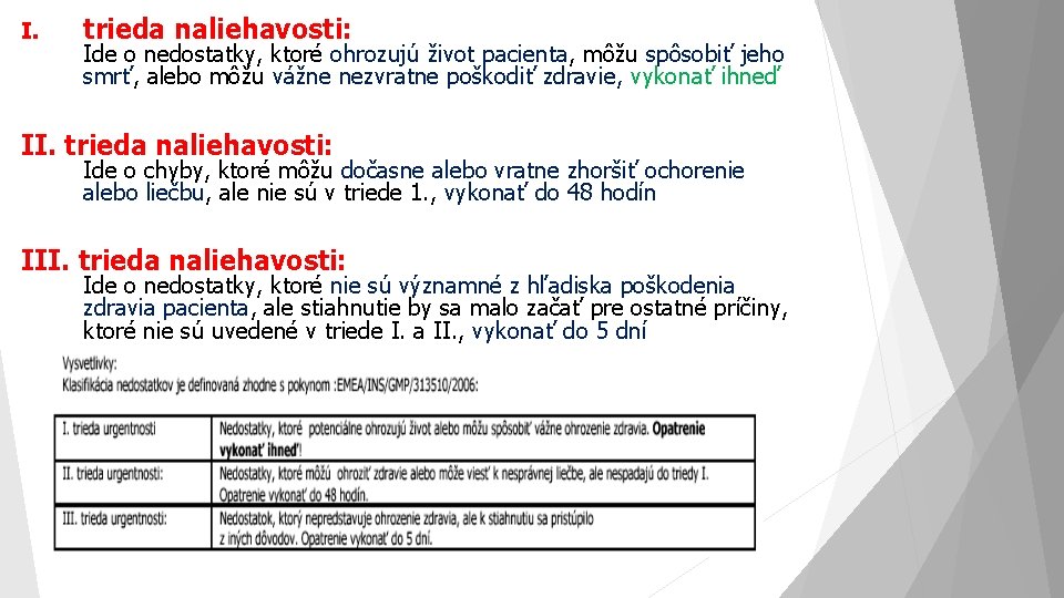 I. trieda naliehavosti: Ide o nedostatky, ktoré ohrozujú život pacienta, môžu spôsobiť jeho smrť,