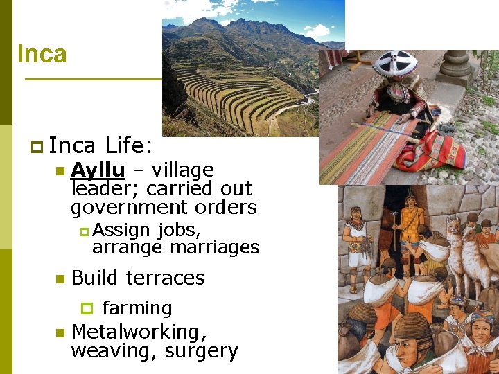 Inca p Inca n Life: Ayllu – village leader; carried out government orders p