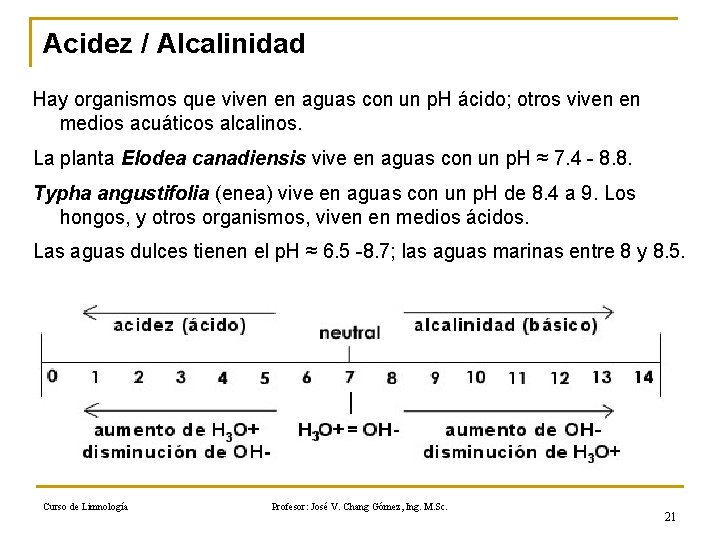 Acidez / Alcalinidad Hay organismos que viven en aguas con un p. H ácido;