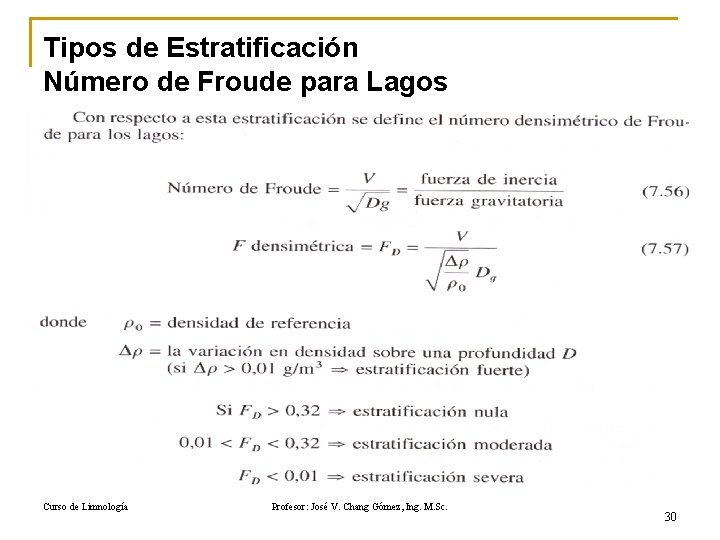 Tipos de Estratificación Número de Froude para Lagos Curso de Limnología Profesor: José V.