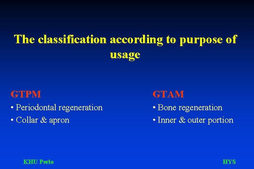The classification according to purpose of usage GTPM GTAM • Periodontal regeneration • Collar