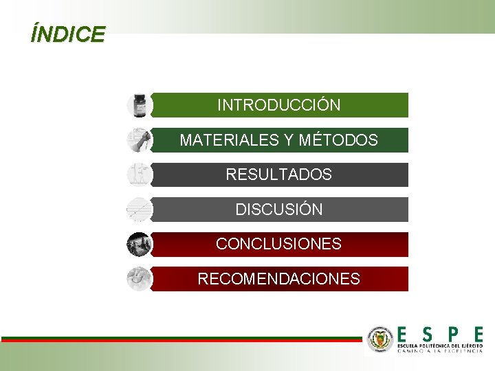 ÍNDICE INTRODUCCIÓN MATERIALES Y MÉTODOS RESULTADOS DISCUSIÓN CONCLUSIONES RECOMENDACIONES 
