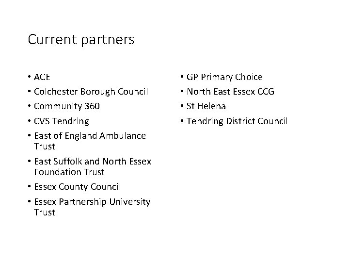 Current partners • ACE • Colchester Borough Council • Community 360 • CVS Tendring