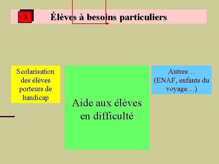 3 Élèves à besoins particuliers Scolarisation des élèves porteurs de handicap Autres… (ENAF, enfants