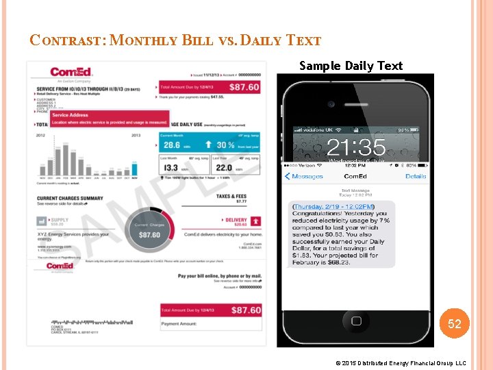 CONTRAST: MONTHLY BILL VS. DAILY TEXT Sample Daily Text 52 © 2015 Distributed Energy CONTRAST: MONTHLY BILL VS. DAILY TEXT Sample Daily Text 52 © 2015 Distributed Energy