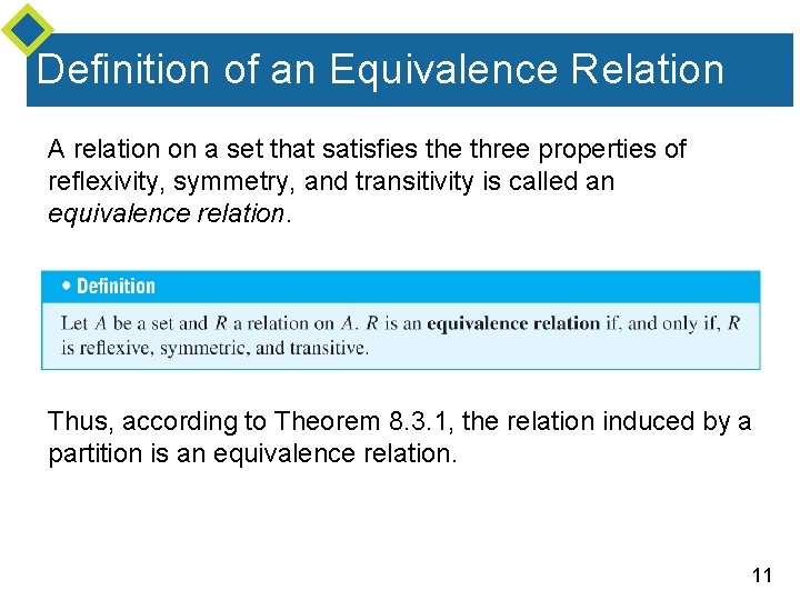 Definition of an Equivalence Relation A relation on a set that satisfies the three