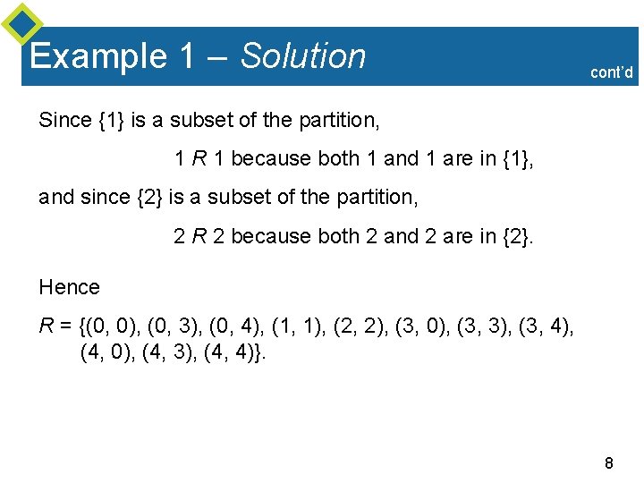 Example 1 – Solution cont’d Since {1} is a subset of the partition, 1