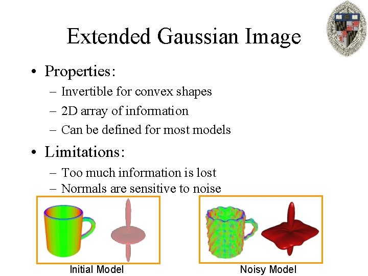 Extended Gaussian Image • Properties: – Invertible for convex shapes – 2 D array