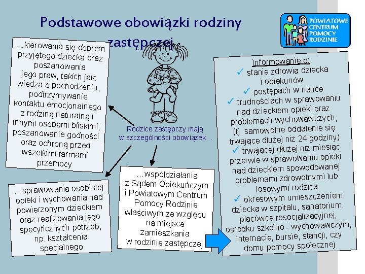 Podstawowe obowiązki rodziny …kierowania się dobre zastępczej m przyjętego dziecka ora z poszanowania jego