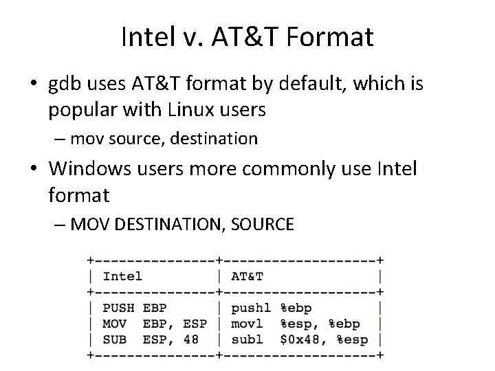 Intel v. AT&T Format • gdb uses AT&T format by default, which is popular