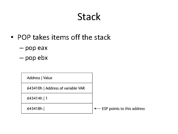 Stack • POP takes items off the stack – pop eax – pop ebx