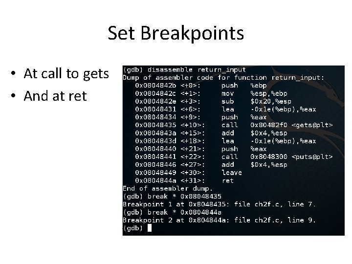 Set Breakpoints • At call to gets • And at ret 