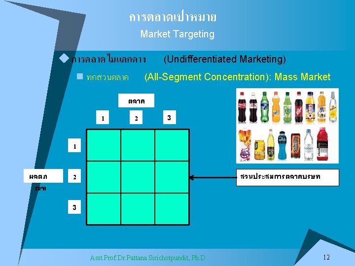 การตลาดเปาหมาย Market Targeting u การตลาดไมแตกตาง (Undifferentiated Marketing) n ทกสวนตลาด (All-Segment Concentration): Mass Market ตลาด