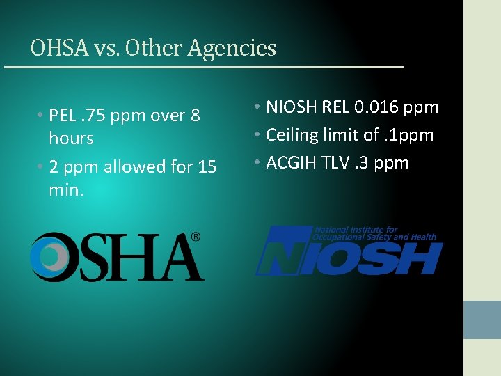 OHSA vs. Other Agencies • PEL. 75 ppm over 8 hours • 2 ppm