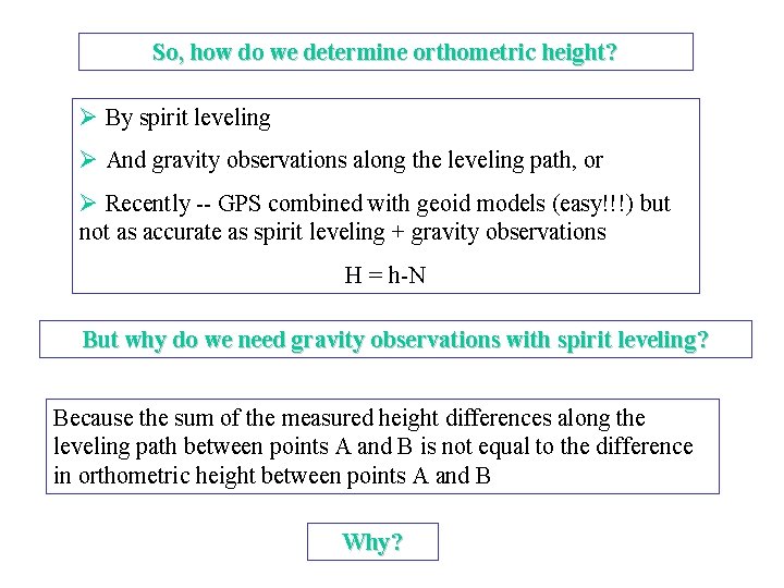 So, how do we determine orthometric height? Ø By spirit leveling Ø And gravity
