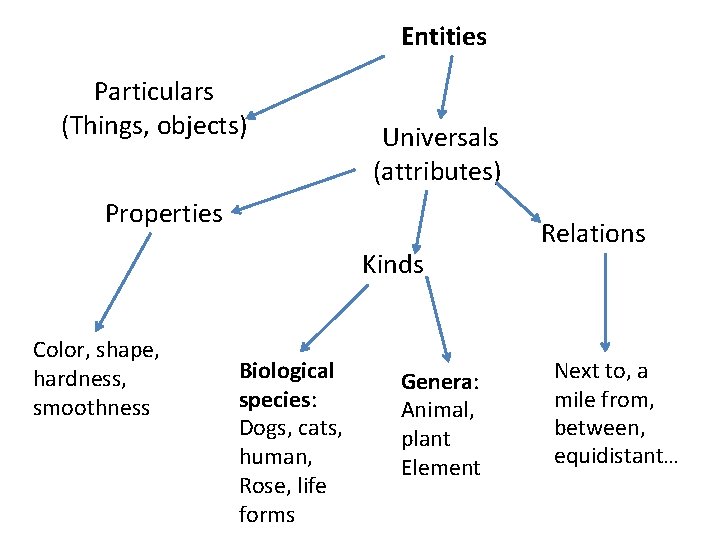 Entities Particulars (Things, objects) Universals (attributes) Properties Kinds Color, shape, hardness, smoothness Biological species: