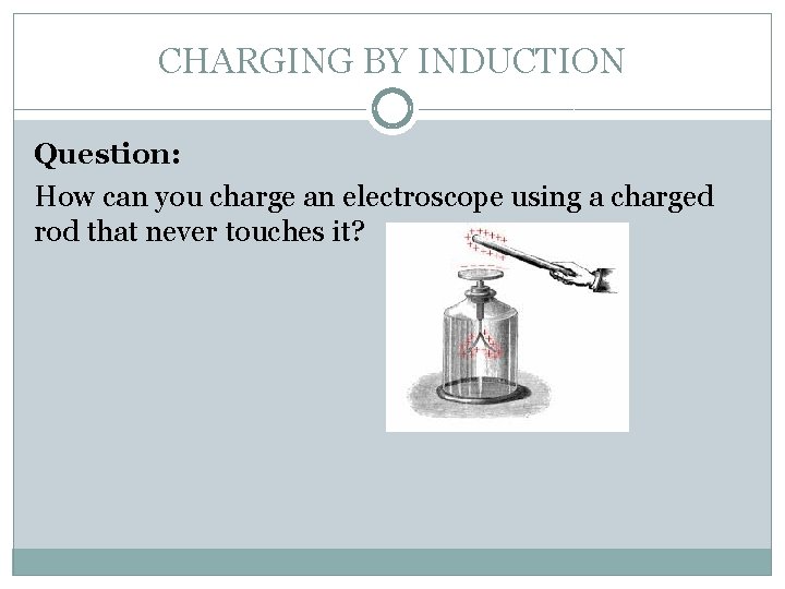 CHARGING BY INDUCTION Question: How can you charge an electroscope using a charged rod CHARGING BY INDUCTION Question: How can you charge an electroscope using a charged rod