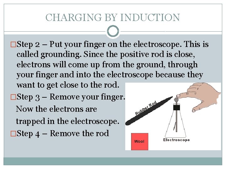 CHARGING BY INDUCTION �Step 2 – Put your finger on the electroscope. This is