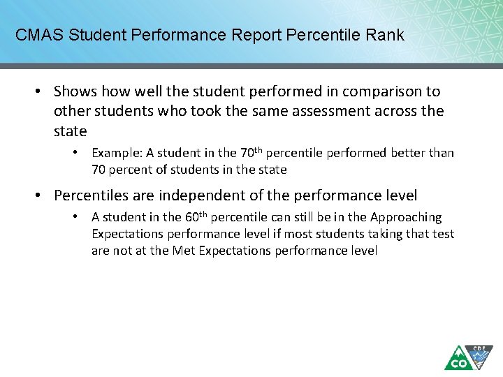 CMAS Student Performance Report Percentile Rank • Shows how well the student performed in CMAS Student Performance Report Percentile Rank • Shows how well the student performed in