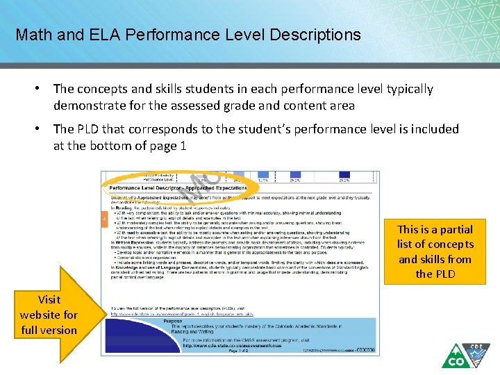Math and ELA Performance Level Descriptions • The concepts and skills students in each Math and ELA Performance Level Descriptions • The concepts and skills students in each