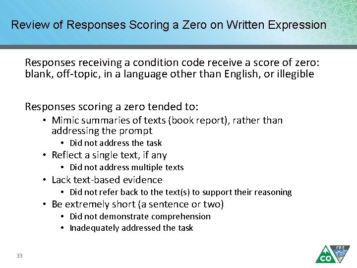 Review of Responses Scoring a Zero on Written Expression Responses receiving a condition code Review of Responses Scoring a Zero on Written Expression Responses receiving a condition code