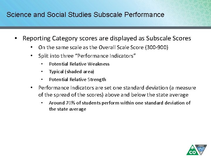 Science and Social Studies Subscale Performance • Reporting Category scores are displayed as Subscale Science and Social Studies Subscale Performance • Reporting Category scores are displayed as Subscale