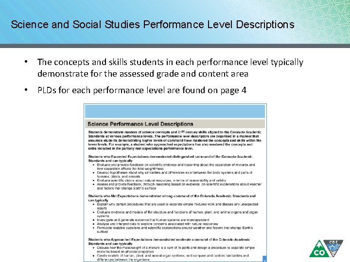 Science and Social Studies Performance Level Descriptions • The concepts and skills students in Science and Social Studies Performance Level Descriptions • The concepts and skills students in