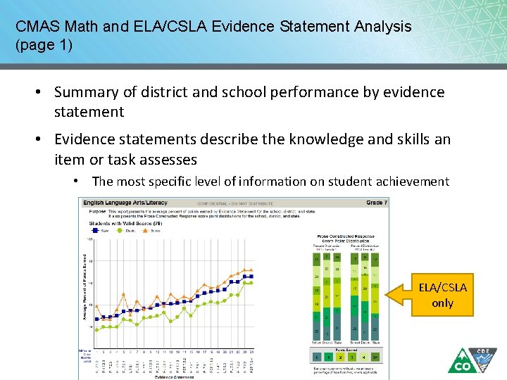 CMAS Math and ELA/CSLA Evidence Statement Analysis (page 1) • Summary of district and CMAS Math and ELA/CSLA Evidence Statement Analysis (page 1) • Summary of district and