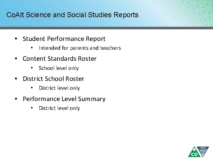 Co. Alt Science and Social Studies Reports • Student Performance Report • Intended for Co. Alt Science and Social Studies Reports • Student Performance Report • Intended for