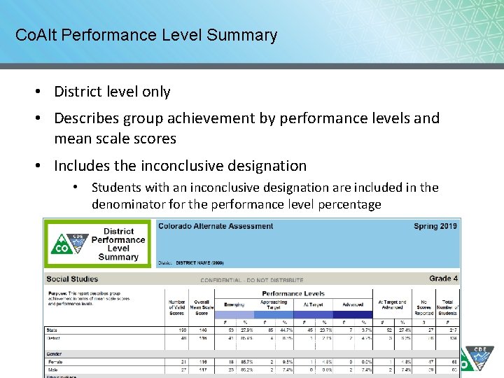 Co. Alt Performance Level Summary • District level only • Describes group achievement by Co. Alt Performance Level Summary • District level only • Describes group achievement by