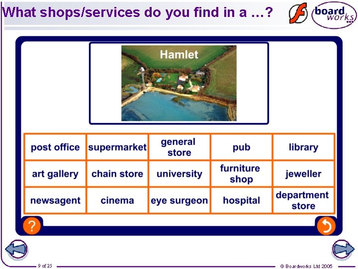 What shops/services do you find in a …? 9 of 25 © Boardworks Ltd What shops/services do you find in a …? 9 of 25 © Boardworks Ltd