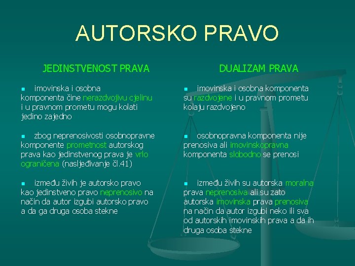 AUTORSKO PRAVO JEDINSTVENOST PRAVA imovinska i osobna komponenta čine nerazdvojivu cjelinu i u pravnom