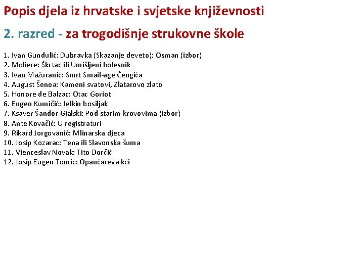 Popis djela iz hrvatske i svjetske književnosti 2. razred - za trogodišnje strukovne škole