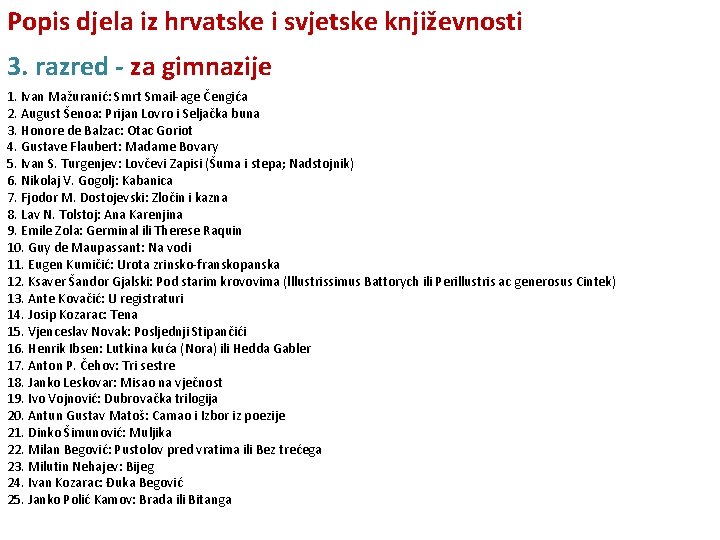 Popis djela iz hrvatske i svjetske književnosti 3. razred - za gimnazije 1. Ivan