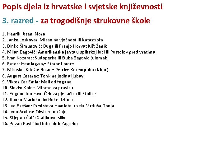 Popis djela iz hrvatske i svjetske književnosti 3. razred - za trogodišnje strukovne škole